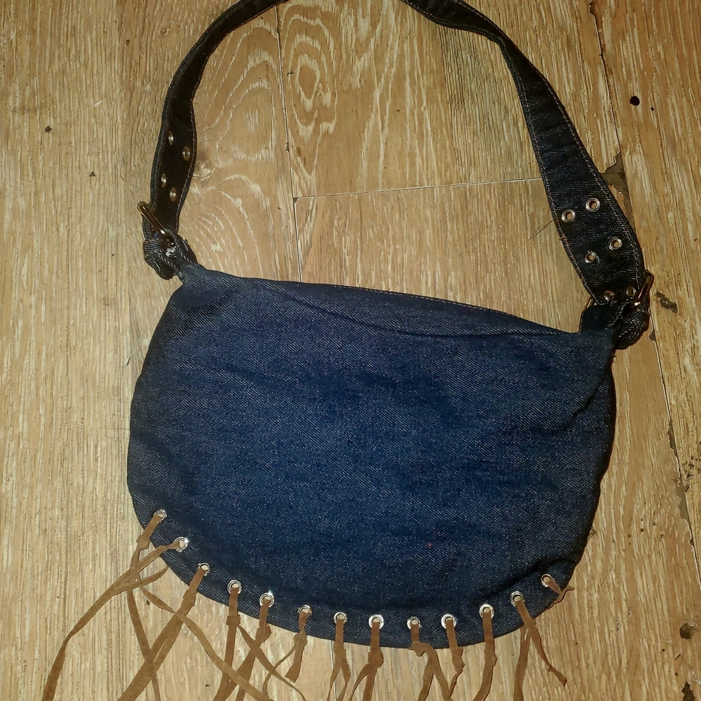 Denim Fringe Shoulder Bag with Brown Suede Flowers - Picture 5 of 7